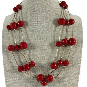 Vintage Red Ball Beaded Necklace Triple Strand Gold Tone Chain 18-21" Long Retro